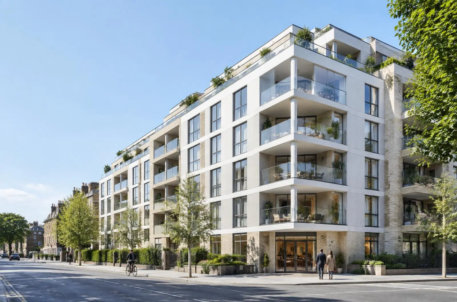 Contemporary residential building with terraces and people outside